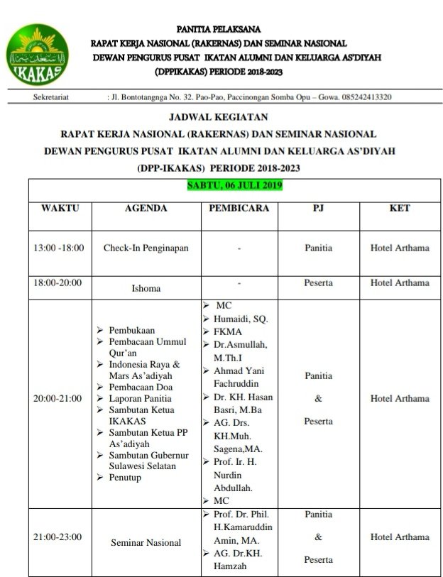 Jadwal Rakernas IKAKAS